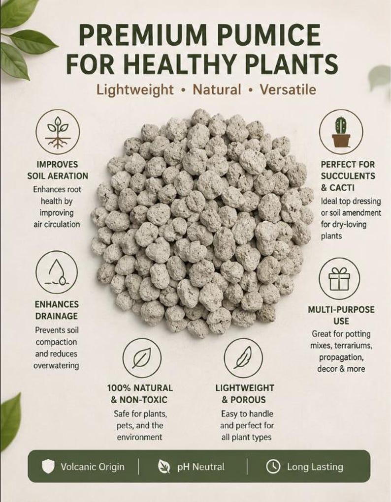 May include: Image of premium pumice for healthy plants. The image shows a pile of light gray pumice stones. Text on the image describes the pumice as lightweight, natural, and versatile. It improves soil aeration, enhances drainage, and is perfect for succulents and cacti.