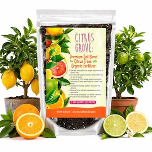 May include: A clear plastic bag of dark potting soil labelled Citrus Grove Premium Soil Blend for Citrus Trees with Organic Fertilizer, containing 3 litres. The label features illustrations of lemons, limes, oranges, and grapefruit slices.