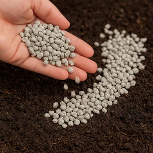 May include: Close-up of a hand holding and releasing gray fertilizer granules onto dark soil. The granules are small, round, and uniform in color. The image suggests gardening or agricultural activity.