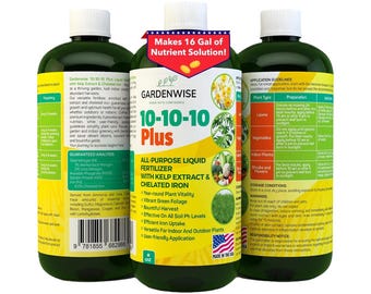 10-10-10 Liquid Fertilizer | All Purpose Plant Food with Seaweed Kelp & Chelated Iron | Vegetables, Lawn, Flowers, Houseplants