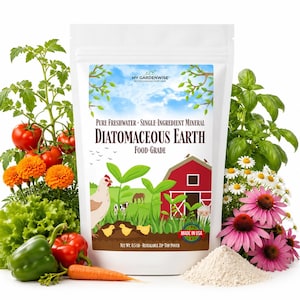 May include: A white resealable pouch of My Gardenwise food-grade diatomaceous earth. The label features a red barn, a chicken, and farm animals. The text reads Pure Freshwater Single-Ingredient Mineral Diatomaceous Earth. Net weight 0.5 lb.