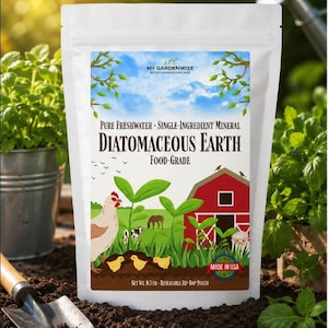 May include: White resealable pouch of food-grade diatomaceous earth. The label features a farm scene with a red barn, chicken, chicks, and cows. The text reads "Pure Freshwater - Single-Ingredient Mineral Diatomaceous Earth".