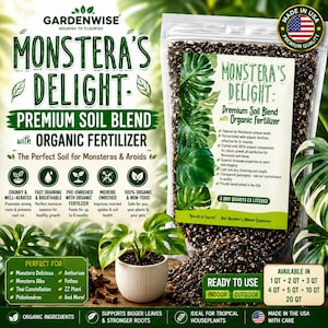 Può includere: Un sacco di terriccio premium "MONSTERA'S DELIGHT" con fertilizzante organico. La confezione presenta foglie verdi e testo, tra cui "Il terreno perfetto per Monsteras & Aroids". Il terriccio è pronto all'uso per interni ed esterni.