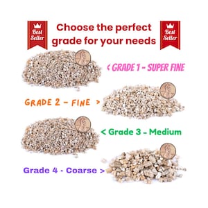 Pode incluir: Imagem mostrando quatro tipos de material granular, cada um com uma moeda para comparação de tamanho. O texto diz: "Escolha a classe perfeita para suas necessidades". As classes são rotuladas: Super Fine, Fine, Medium e Coarse. Os distintivos "Best Seller" estão nos cantos superiores.