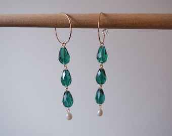 Serpentine Drop Earrings // Freshwater Pearl & Crystal Earrings 14k gold filled hoops