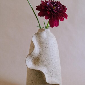 May include: A tall, speckled ceramic vase with a wavy, textured design holds a deep burgundy flower. The flower has a yellow center and green stem. The vase is a neutral color, and the background is a soft beige.