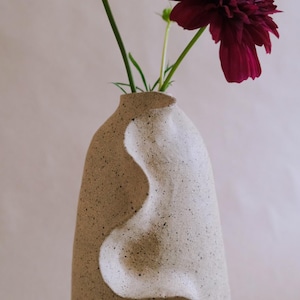 May include: A speckled beige ceramic vase with a unique, flowing white design. The vase holds a dark red flower with green stems and leaves. The flower is in full bloom, adding a pop of color to the neutral tones of the vase.