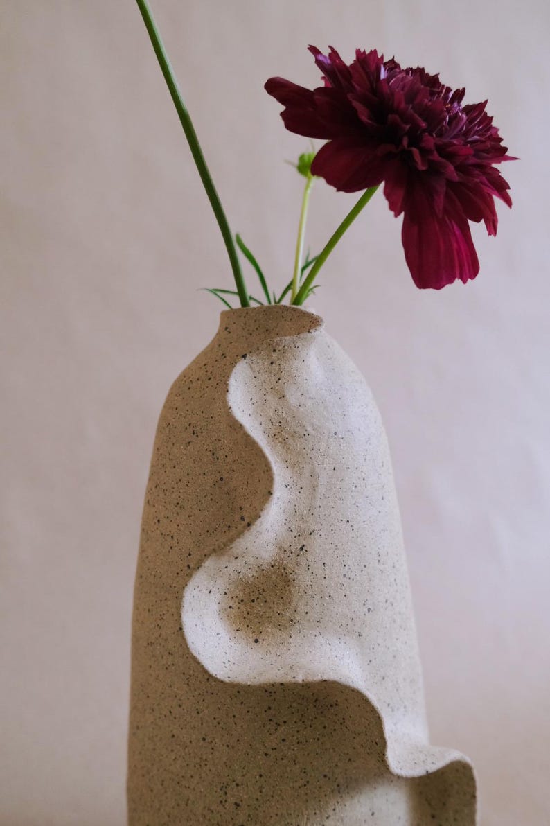 May include: A speckled beige ceramic vase with a unique, flowing white design. The vase holds a dark red flower with green stems and leaves. The flower is in full bloom, adding a pop of color to the neutral tones of the vase.