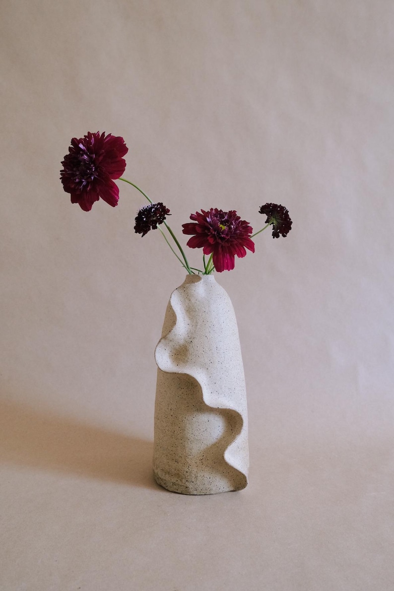 May include: A speckled, off-white ceramic vase with a unique, wavy design. The vase holds several dark red flowers with a deep purple center. The flowers are arranged to the left of the vase against a neutral background.