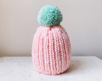 Little Minnows Hand Knit Baby Beanie Hat // Bright Pink Melange with Teal Pompom