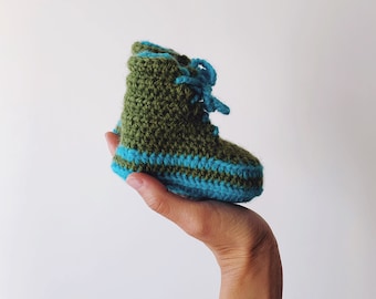 Little Minnows Baby Booties // Evergreen & Teal // Crochet Baby Sneaker Shoes