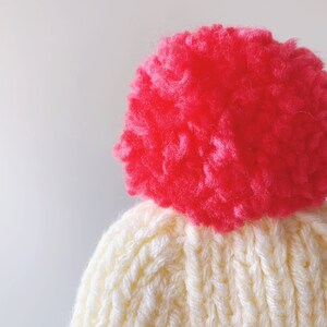 Little Minnows Hand Knit Baby Beanie Hat // Off White with Fuchsia Pompom image 5
