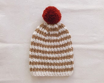 Little Minnows Hand Knit Baby Beanie Hat // Maple Sugar Stripe with Pumpkin Pompom