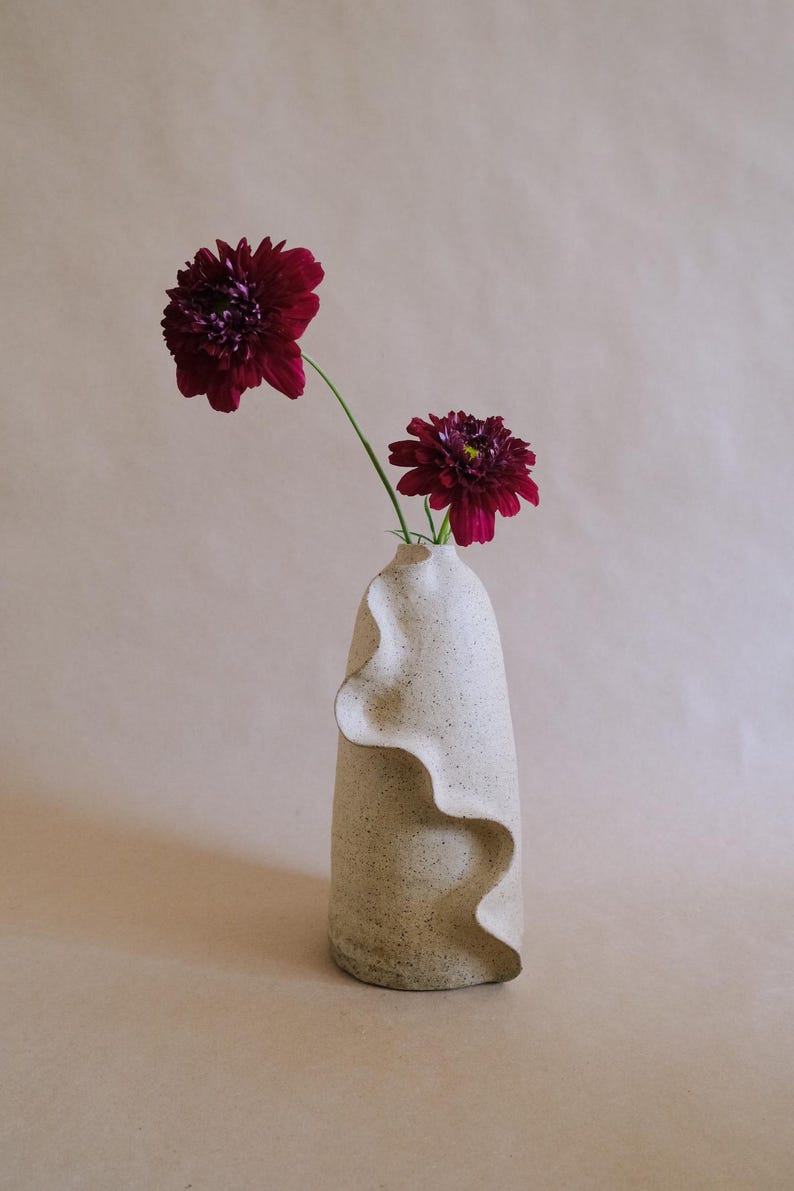May include: A speckled, off-white ceramic vase with a unique wavy design on the side, holding two deep burgundy flowers. The flowers have a textured appearance and are in full bloom. The vase is a decorative item.