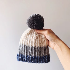Little Minnows Hand Knit Baby Beanie Hat // Off White, Gray, and Blue with Gray Pompom image 2