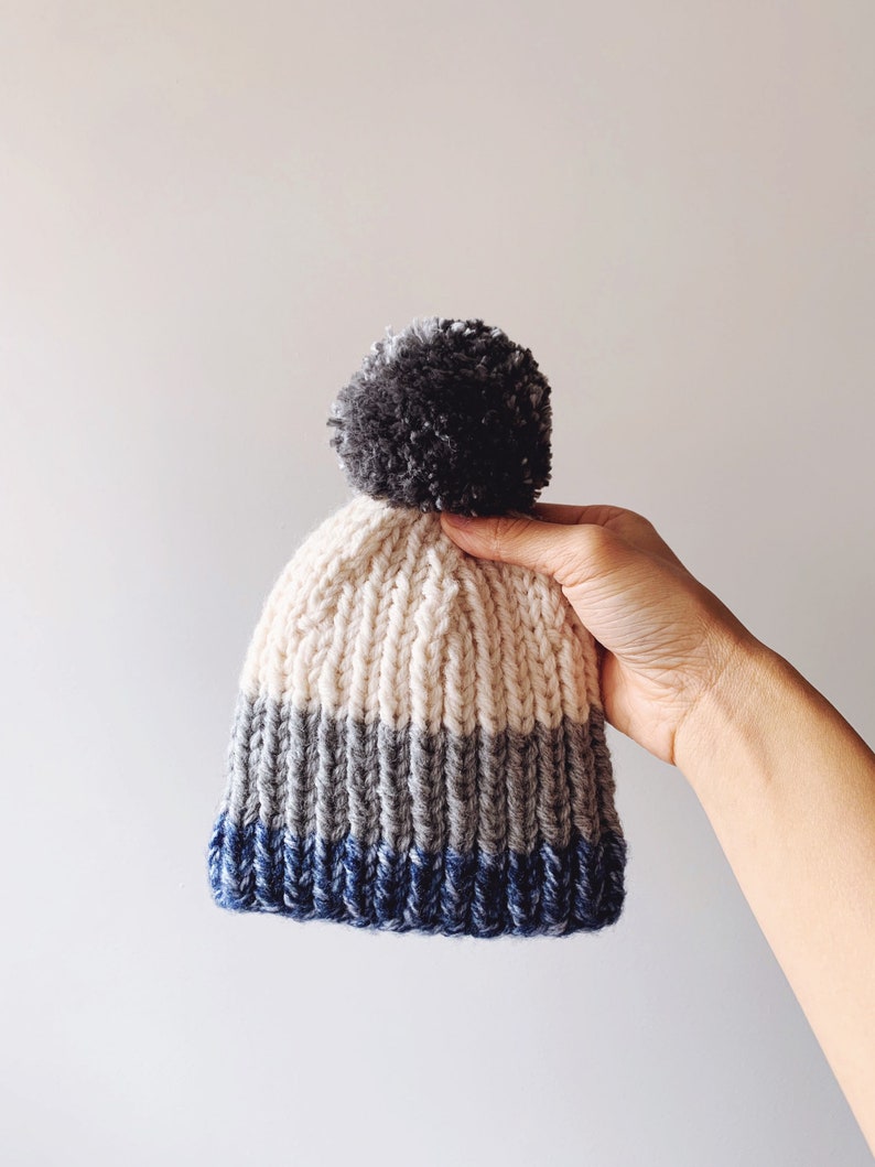 Little Minnows Hand Knit Baby Beanie Hat // Off White, Gray, and Blue with Gray Pompom image 2