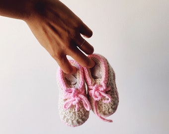 Little Minnows Baby Booties // Oat & Pink // Crochet Baby Sneaker Shoes