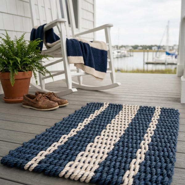 Blue Sand Striped Lobster Rope Doormat | Maritime Nautical Coastal Entrance Mat Weatherproof Outdoor Decor