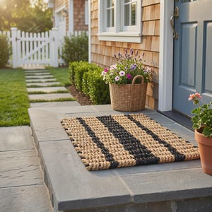 May include: A rectangular woven doormat featuring alternating thick horizontal stripes of natural tan and black rope. The mat is placed on a gray stone porch in front of a blue door, with potted plants nearby on the porch surface.