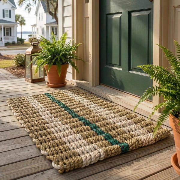 Coastal Rope Doormat | Nautical Tan, Sand and Green Handwoven Rope Mat