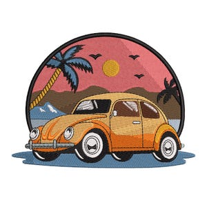 Retro Auto Abenddämmerung Szene Stickerei Design | Stickdatei Strand | Retro Auto Stickmotive | Maschinenstickerei | Sofort Download