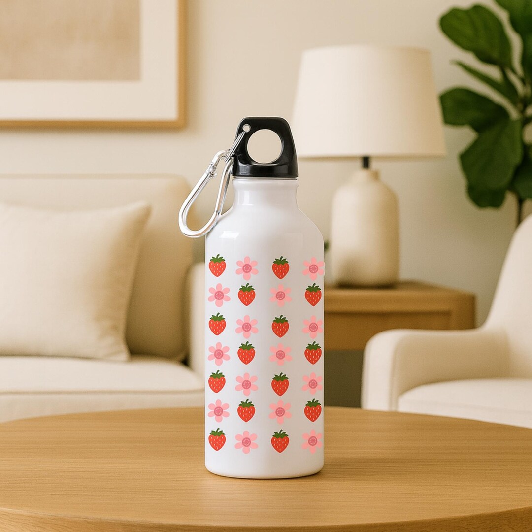 Patterned Flasks Strawberry & Flower Pattern Flask – 500ml White Aluminum Water Bottle ...