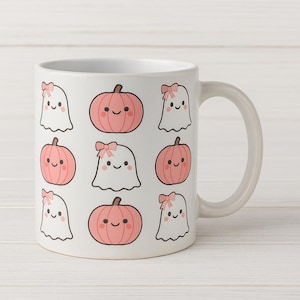 Cute Halloween Ghost & Pink Pumpkin Coffee Mug – Kawaii Fall Cup for Hot Drinks – Pastel Autumn Decor