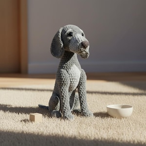Puede incluir: Un perro gris tejido a ganchillo con orejas caídas y una mancha blanca en el pecho está sentado sobre una alfombra beige. Un pequeño bloque de madera y un cuenco blanco están cerca. El perro tiene una nariz marrón y está sentado.