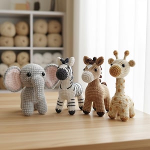 Virkmönster för safaridjur i PDF-format – Elefant, Zebra, Häst, Giraff, Amigurumi