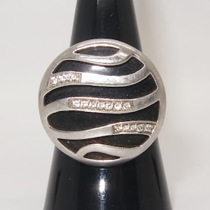 Vintage Viventy Sterling Silver Black Enamel and Rhinestone Ring Size 8