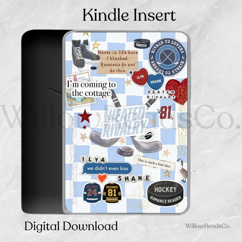 May include: Kindle insert with a blue and white checkered background. Features hockey-themed stickers, including hockey sticks, pucks, and jerseys. Text includes "Heated Rivalry" and "Hockey Romance Reader."