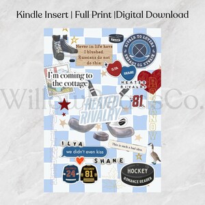 May include: Digital download featuring a collage of hockey-themed graphics and text. Includes hockey skates, pucks, jerseys, and phrases like "Heated Rivalry" and "Hockey Romance Reader." The background is a light blue and white checkered pattern.