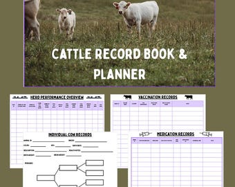 Op de afbeelding: Een veeregisterboek en planner met een veldscene met drie witte koeien. De planner bevat secties voor kuddeprestaties, individuele koeienrecords, vaccinatieregistraties en medicatieregistraties. De tekst "CATTLE RECORD BOOK & PLANNER" wordt weergegeven.