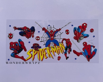 UVDTF Spiderman cup wrap! Spiderman theme stickers. Uvdtf decals. Spiderman cup wrap. Uvdtf wraps for 16oz glass libbey cups.