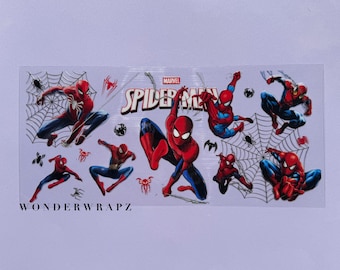 UVDTF Spiderman cup wrap! Spiderman theme stickers. Uvdtf decals. Spiderman cup wrap. Uvdtf wraps for 16oz glass libbey cups.