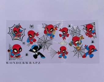 UVDTF Spiderman cup wrap! Spiderman theme stickers. Uvdtf decals. Spiderman cup wrap. Uvdtf wraps for 16oz glass libbey cups.