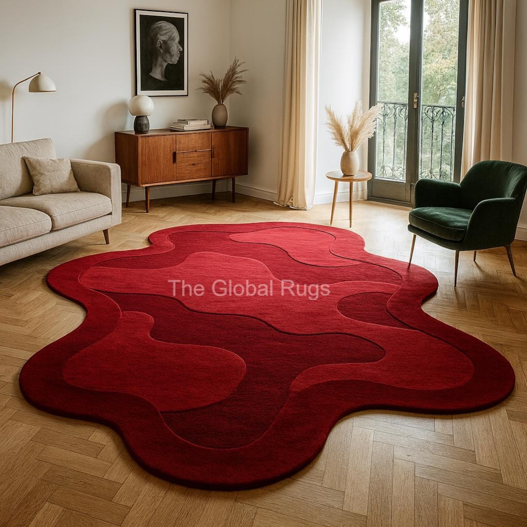 Red Wavy Rug Luxury Red Organic Shape Rug | Modern Hand-tufted Wool Carpet ...