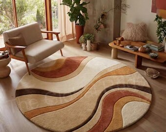 Hand Tufted Round Rug 100% Wool | Abstract Wavy Circle Carpet | Terracotta & Beige Area Rug | Mid Century Modern Living Room Decor