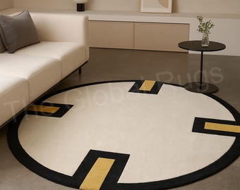 Greek Key Round Rug Modern Circular Area Rug Black Border Round