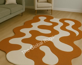 Handmade Burnt Orange Wavy Rug – Retro Abstract Wool Carpet