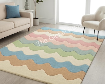 Pastel Wavy Wool Area Rug – Hand-Tufted Modern Carpet