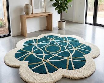 Hand Tufted Flower Rug - Teal & Gold Geometric Scalloped Area Rug - Modern Floral Shaped Carpet - Unique 3D Textured Rug for Living Room