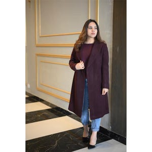 90s Minimalist Purple Wool Coat - Knee Length Winter Overcoat