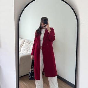 Long Red wool coat, Red woolen coat, Lined warm winter coat, Double-breasted wool coat , Raglan sleeve overcoat