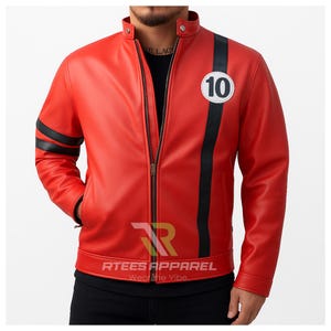 May include: A red leather jacket with black stripes on the sleeves and a black stripe down the front. A white circle with the number 10 is on the chest. The jacket has a zipper closure and the text "RTEES APPAREL Wear the Vibe" is printed on the bottom.