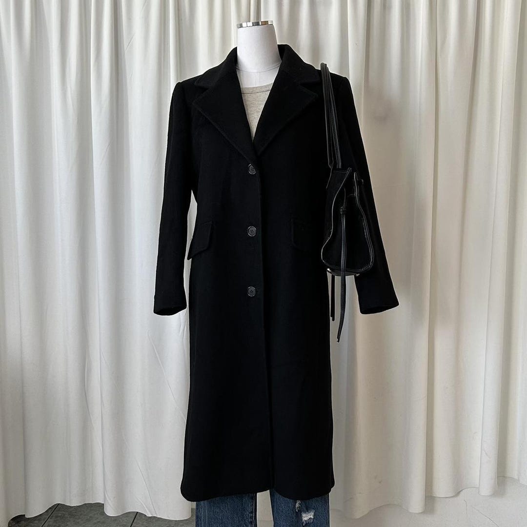 Vintage 80s 90s ロングコート トレンチコート ウール ブラック 80年代ヴィンテージのブラックウールコート：ロングライントレンチ