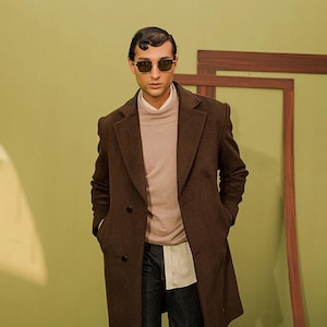 Men’s Brown Long Coat | Single Breasted Wool Overcoat | Classic Winter Trench Jacket | Elegant Formal Business Casual Outerwear