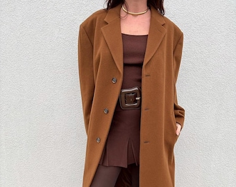 Handmade Brown Wool Long Coat: 90s Vintage Style Winter Overcoat