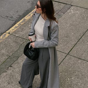 Grauer Wollmantel Langer, Warmer Woll-Wrap-Mantel, Frühlingsmantel, Wintermantel Eleganter Wollmantel, Minimalistischer Mantel-Frauen, Diagonaler Grauer Klassischer Wollmantel