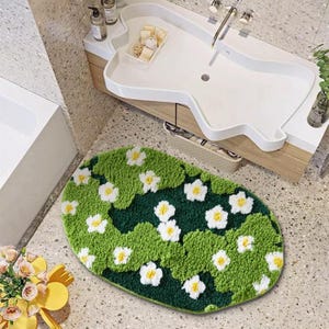Green Floral Bath Mat: Non-Slip Microfiber Shag Rug.